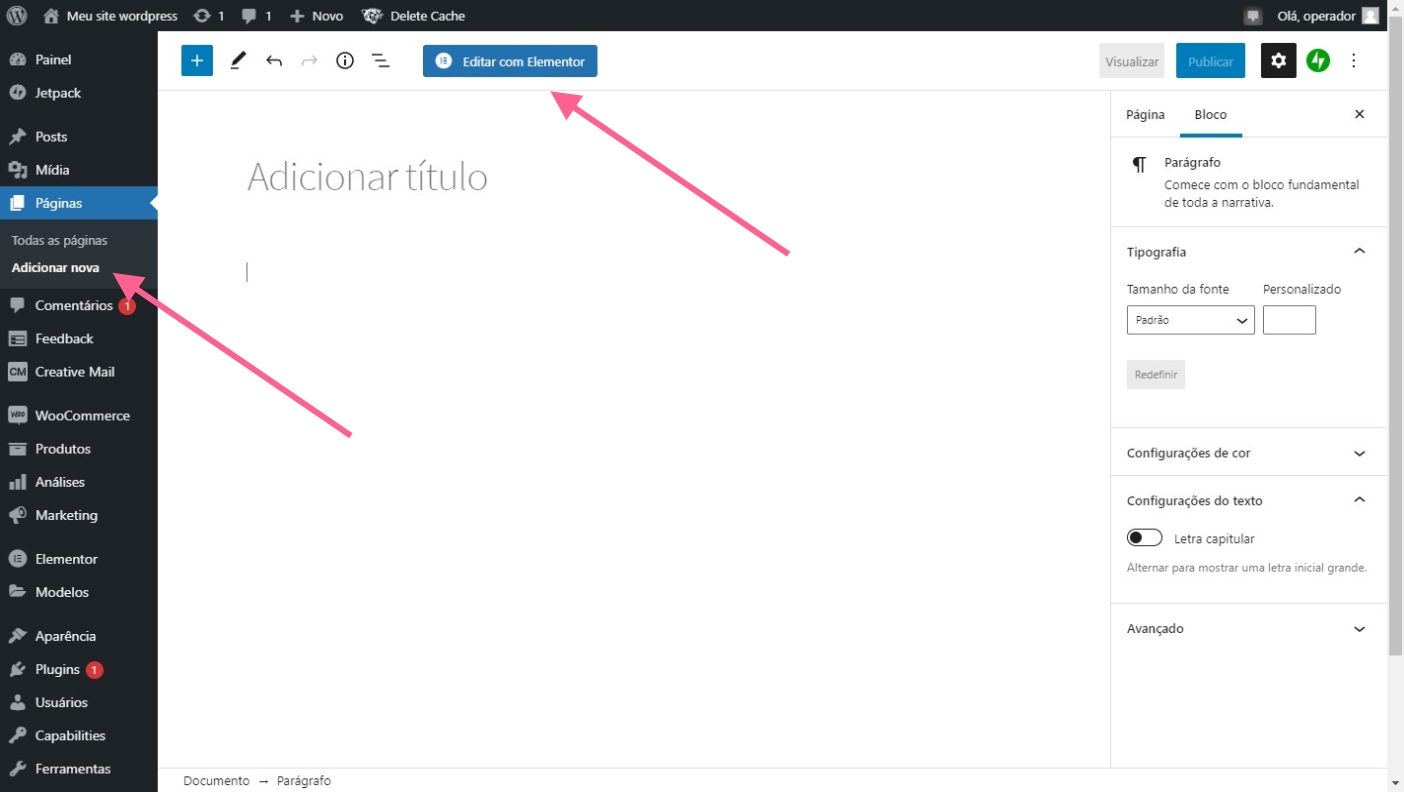Wordpress completo veja como e simples criar uma pagina usando elementor passo 1